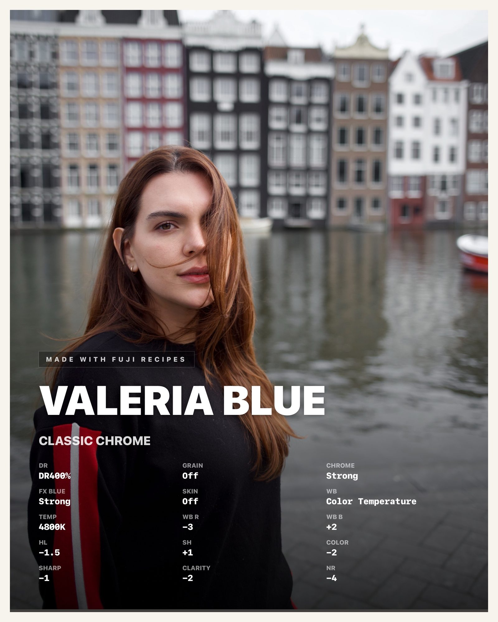 Retrato de Valeria delante de edificios acristalados junto al agua, con los ajustes de la receta Fujifilm Valeria Blue sobreimpresos.